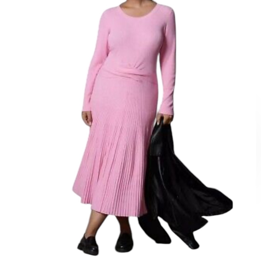 Anthropologie Pink Ribbed Knit Pleated Pull On Aline Midi Sweater Dress